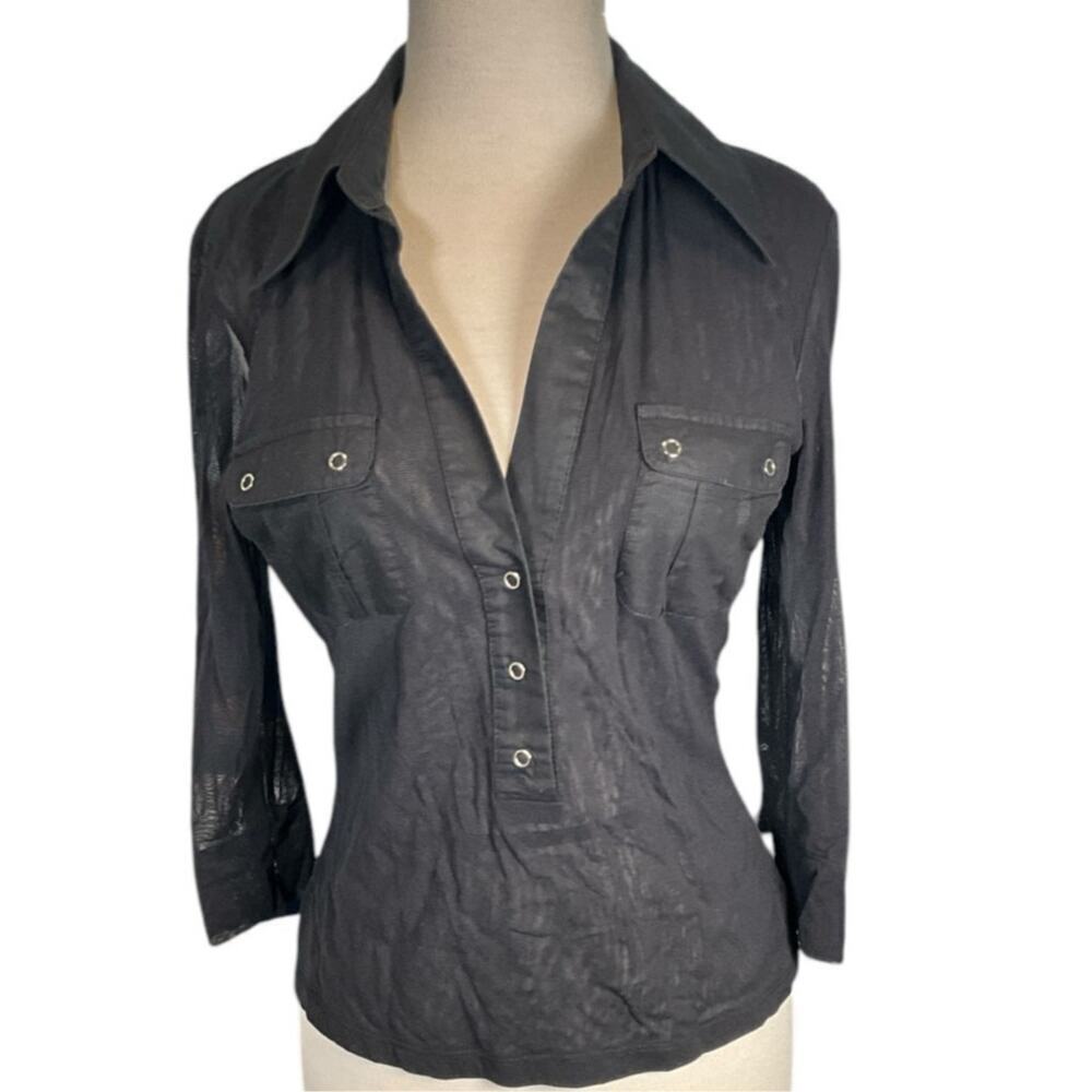 INC Sheer 3/4 Sleeve V-Neck 3/4 Button Black Stretch Colored Large Work Wear